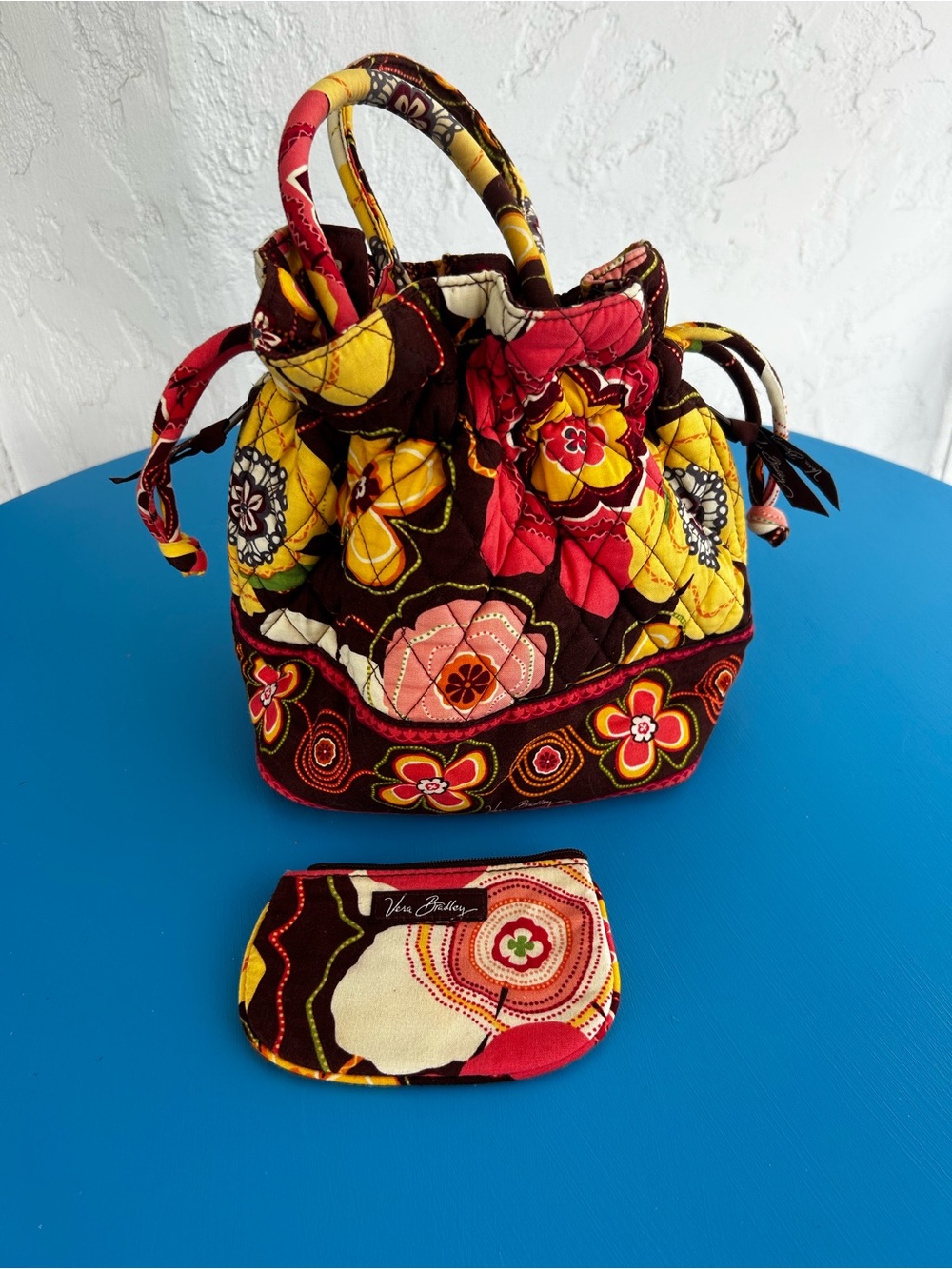 Vera Bradley Quilted Floral Drawstring Mini Bag in Red, Yellow & Brown
